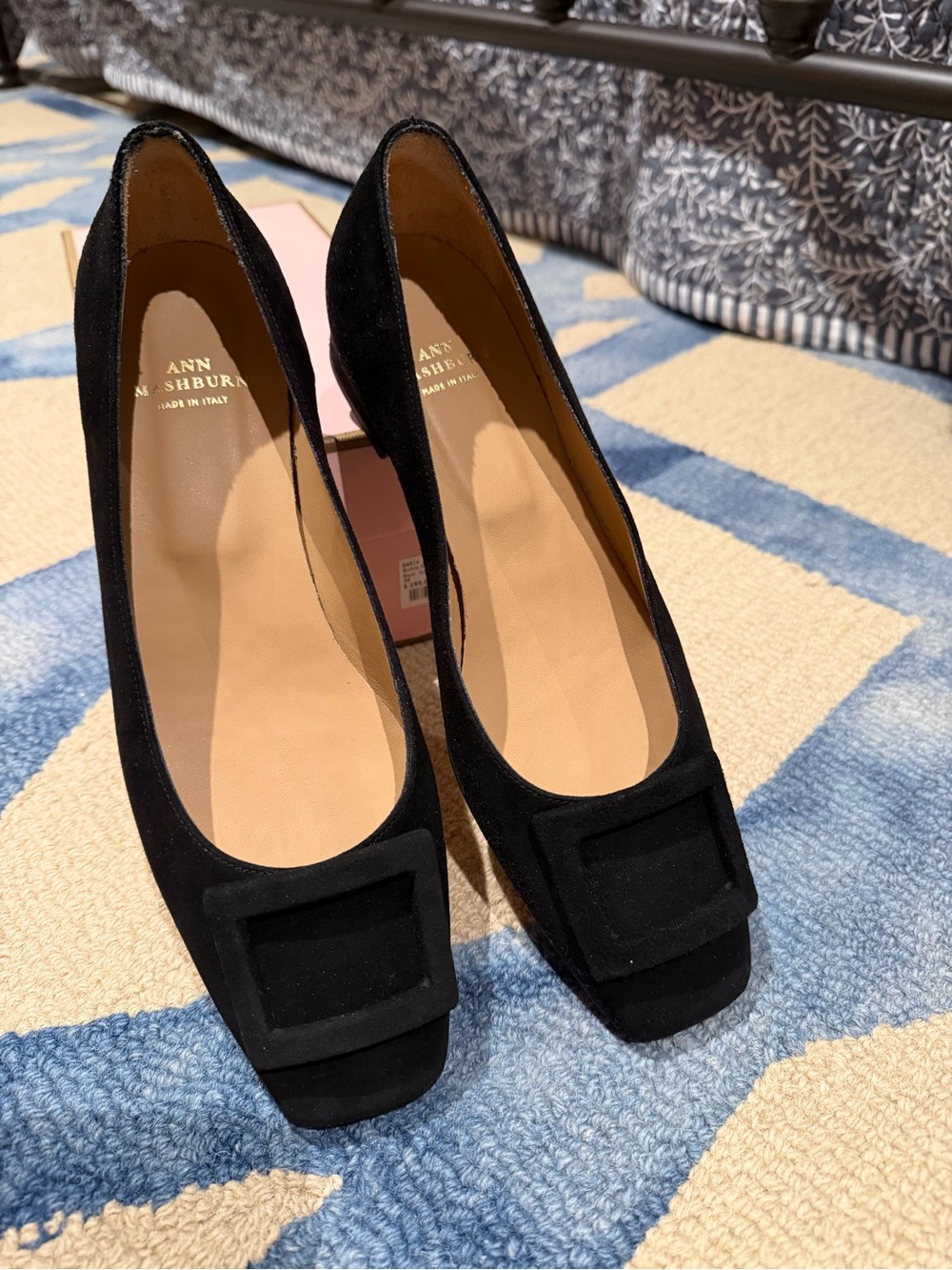 ANN MASHBURN Black Suede Square-Toe flats with Suede Buckle